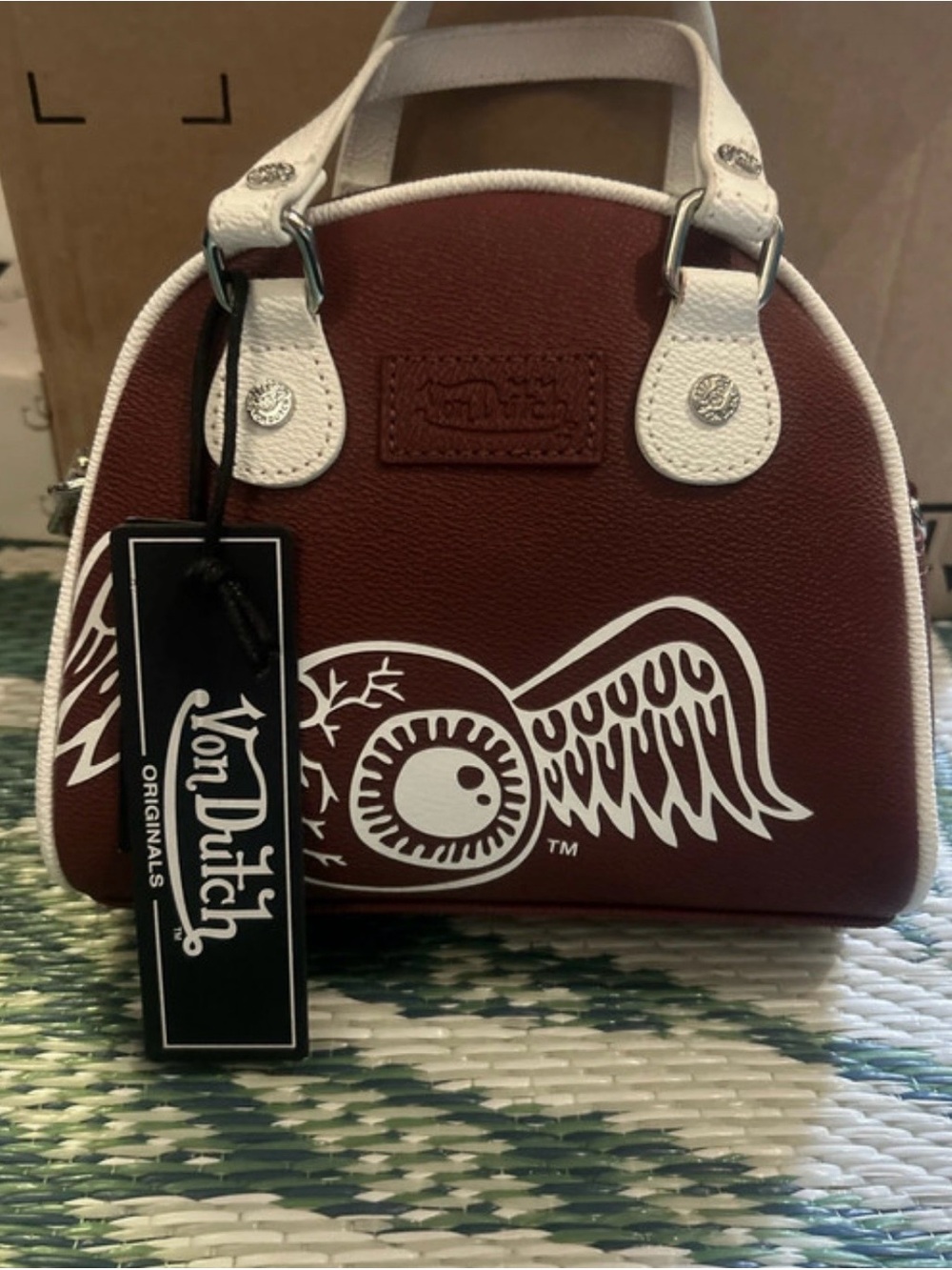 Von Dutch Maroon Mini Satchel with White Trim and Graphic